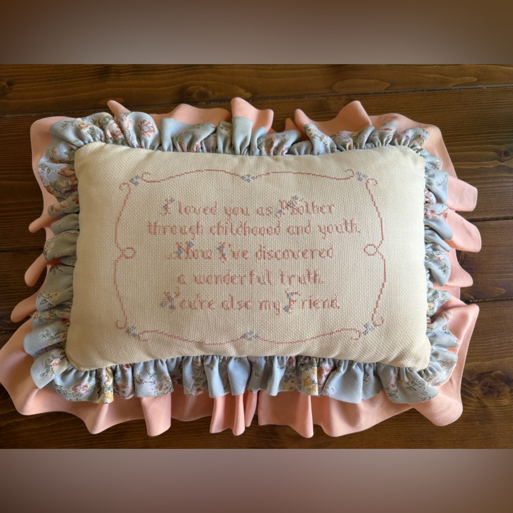 Vintage Cross Stitch Mother Sentiment Ruffle Pillow Grandmacore Cottagecore